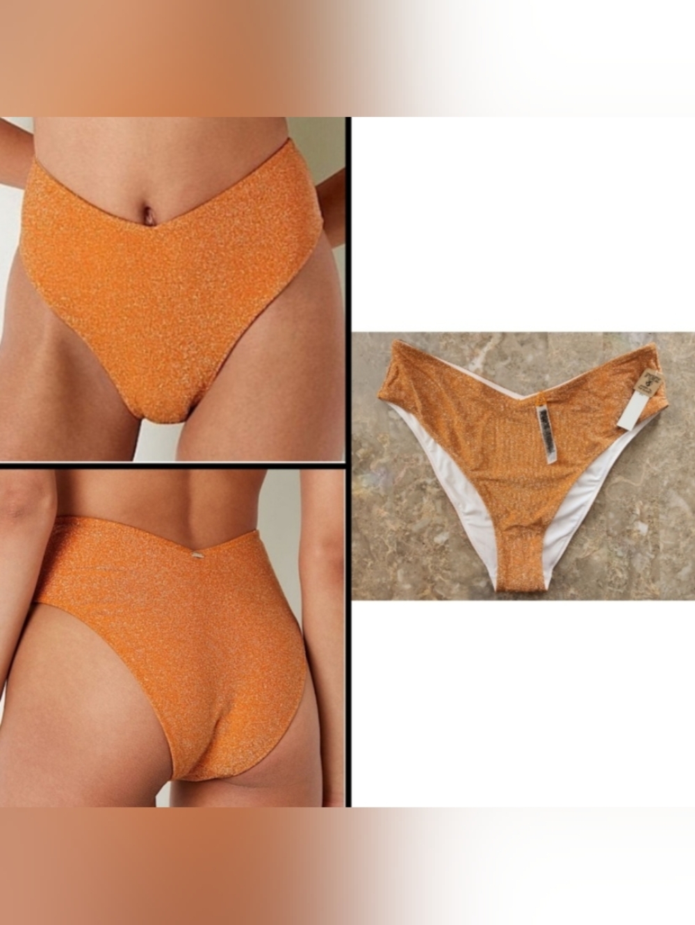 M L PINK Swim Shimmer High Waist Cheeky Bikini Bottom Orange